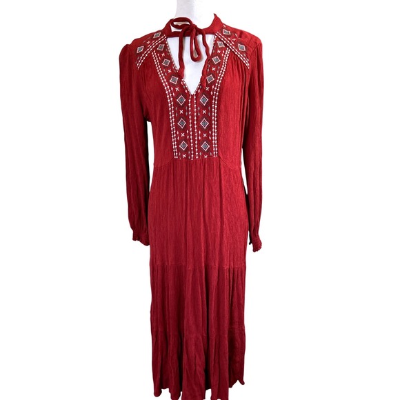 Knox Rose Dresses & Skirts - Knox Rose Maxi Dress Women XL Red Embroidered Boho Tiered Long Sleeve XL